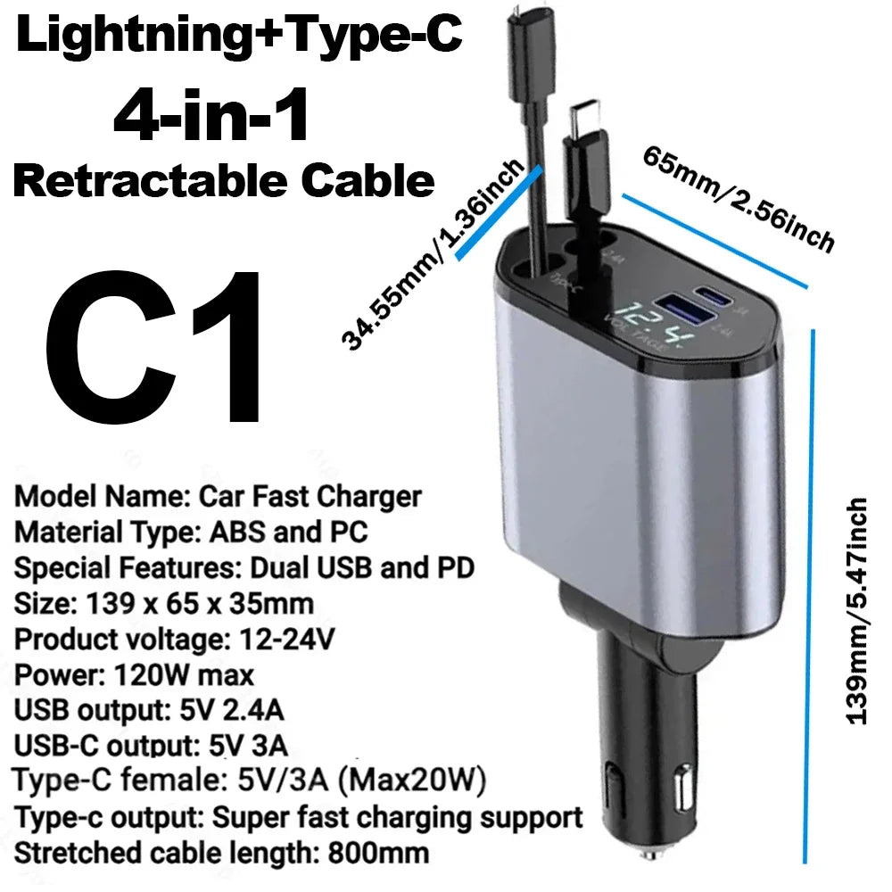 Retractable Car Charger with Starlight Type-C 120W Car Charger Adapter 4 in 1 Car Phone Charger with 2 USB Ports Star Top Light