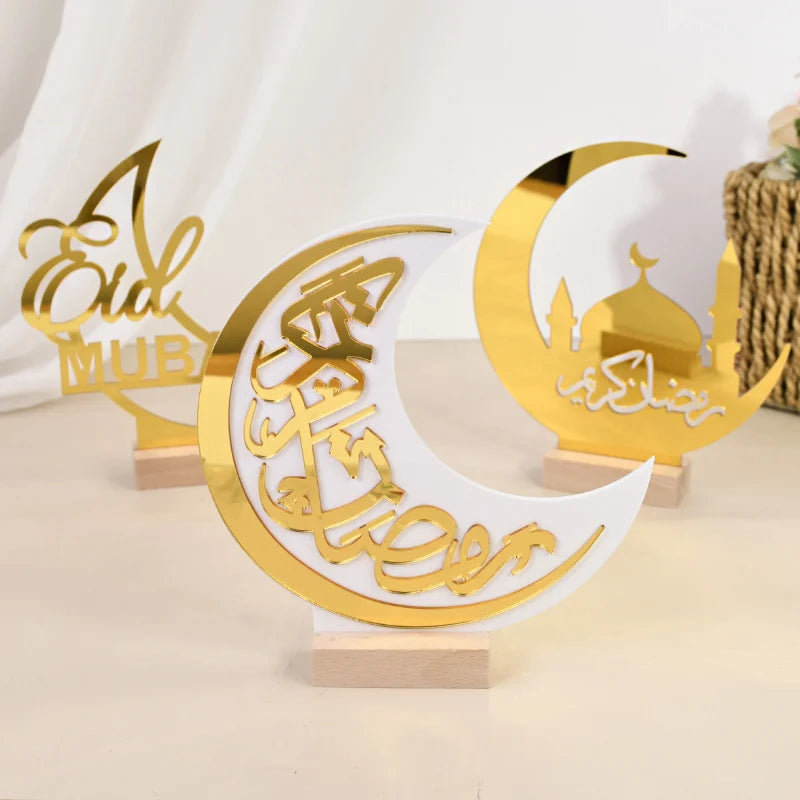 Eid Mubarak Moon Castle Acrylic Table Ornaments with Wooden Base 2025