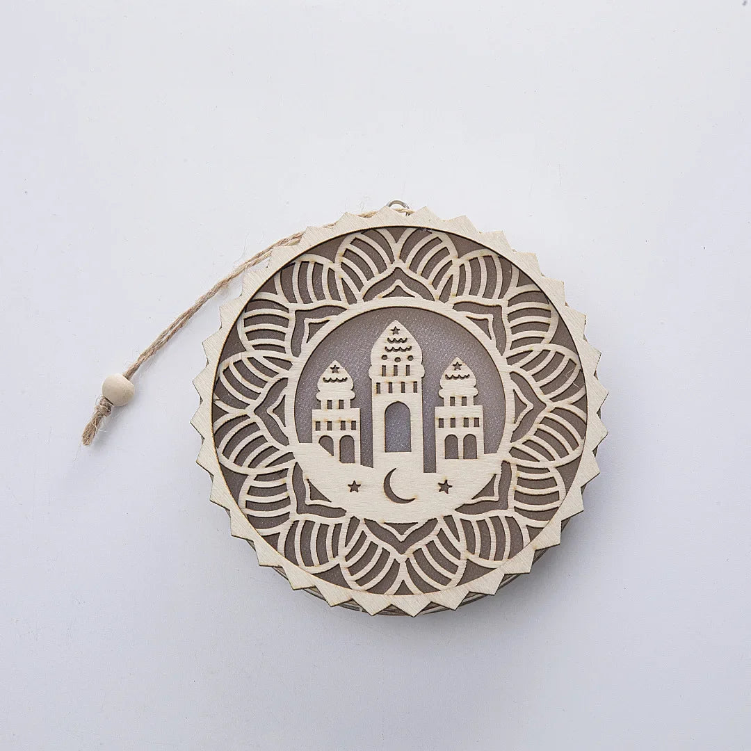 EID Mubarak Wooden Pendant with LED Light Ramadan Decorations