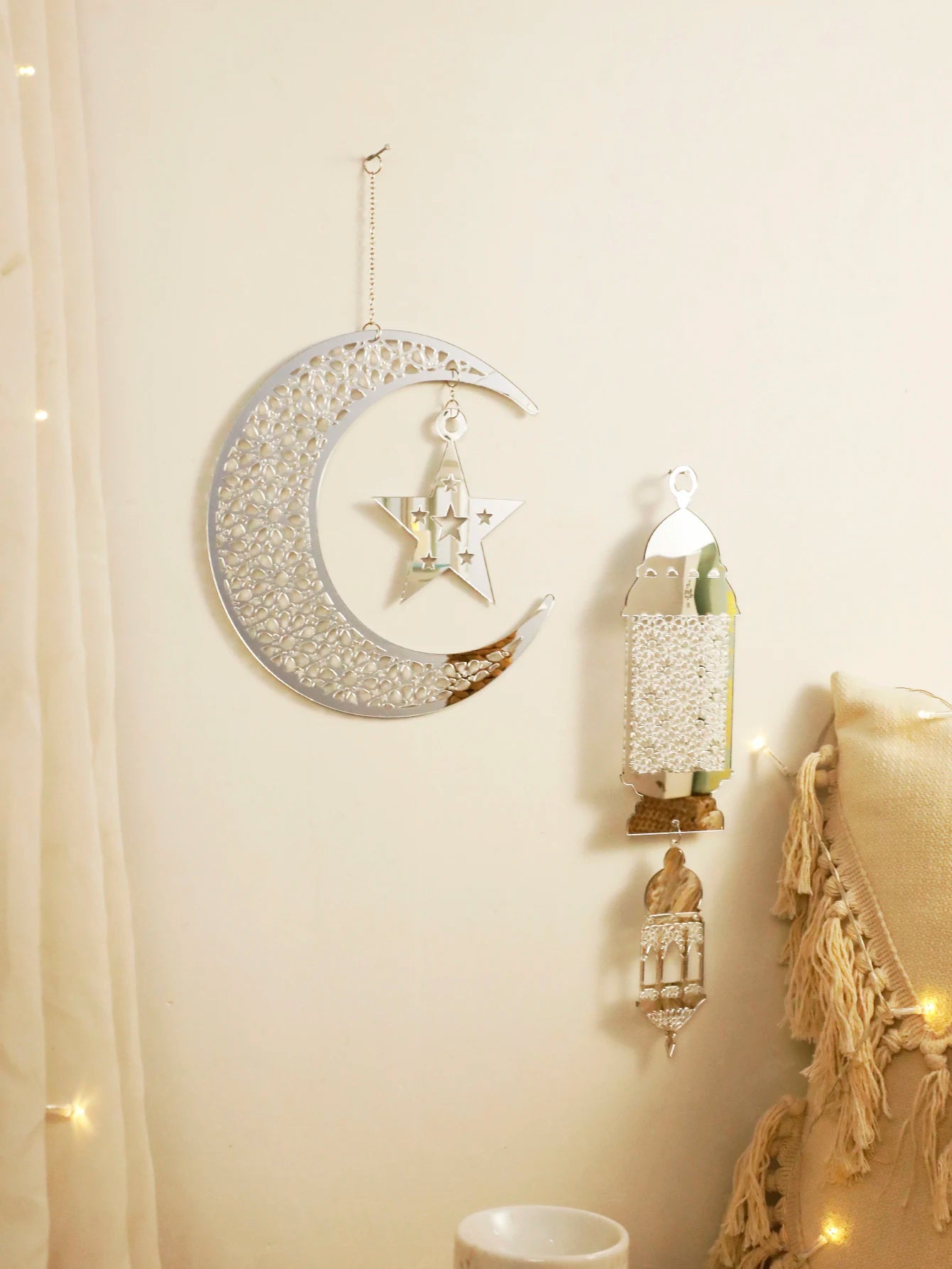 Silver Ramadan Acrylic Moon Hanging Ornaments with Hollow Mesh Star