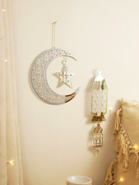 Silver Ramadan Acrylic Moon Hanging Ornaments with Hollow Mesh Star