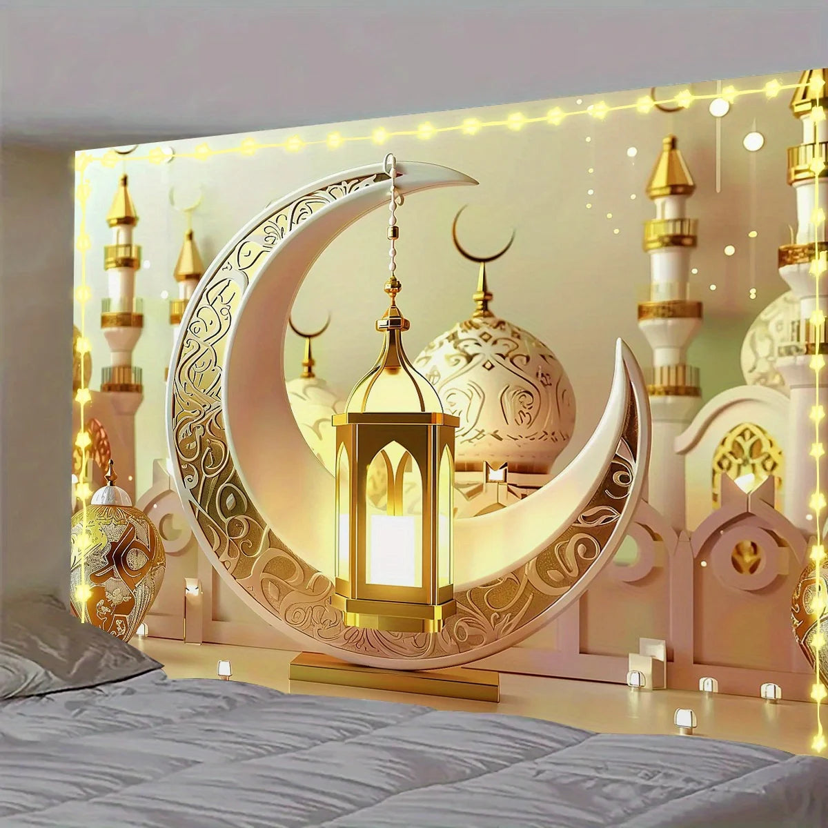 1pc Polyester Gold Moon and Lantern Eid Background Banner