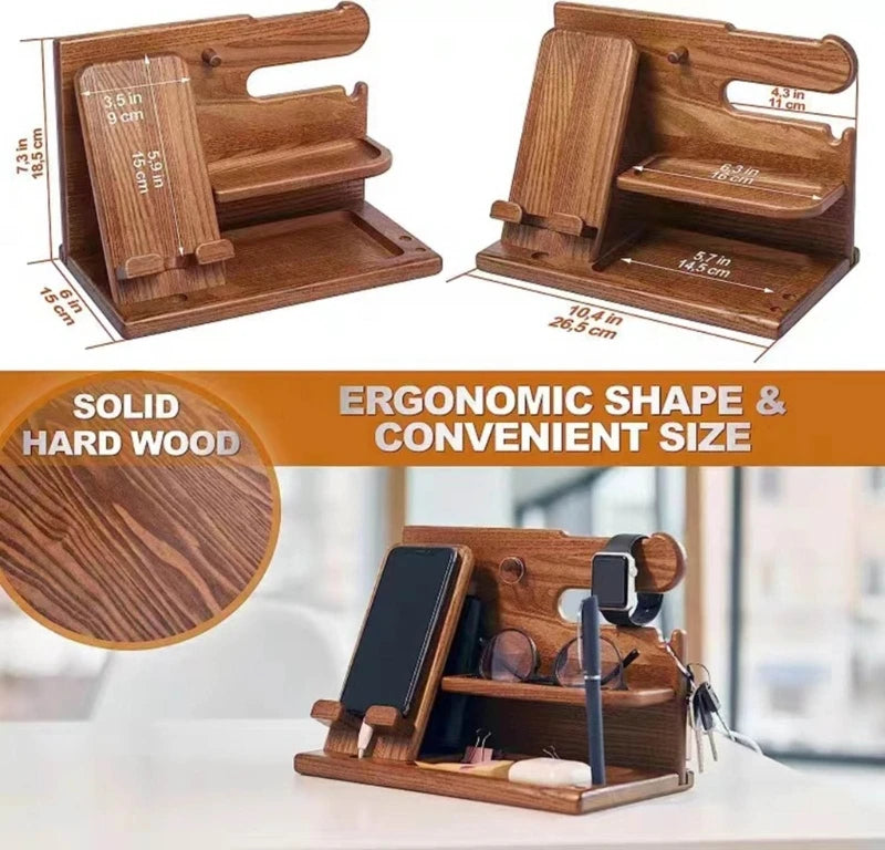 Wood Phone Docking Station Key Holder Wallet Stand Jewelry Watch Organizer Desk Accessories