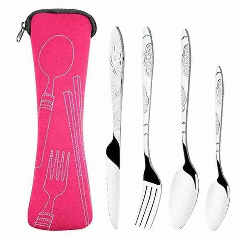 4Pcs/3Pcs Set Dinnerware Portable Printed Knifes Fork Spoon Stainless Steel Tableware with Bag