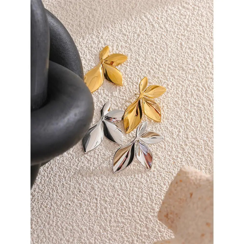 Fashion Stainless Steel Leaves Flower Stud Earrings