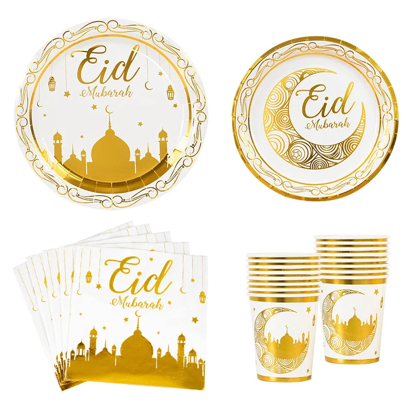 Eid Mubarak Disposable Tableware Gold Plate Cup Banner Gift Bags