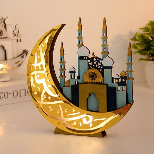 EID Mubarak LED Light Wooden Moon Mosque Table Ornaments