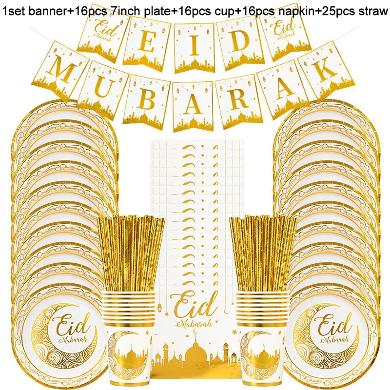 Eid Mubarak Disposable Tableware Gold Plate Cup Banner Gift Bags