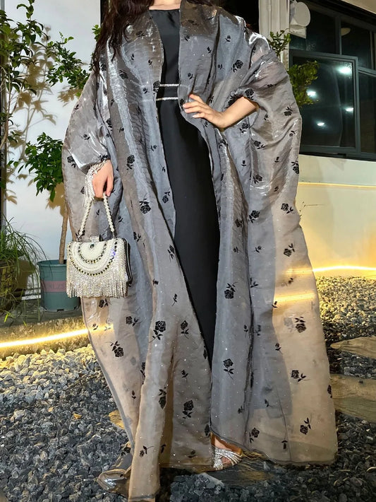 2 Piece Set Women Party Dresses Flower Open Abayas Long Robe 2025