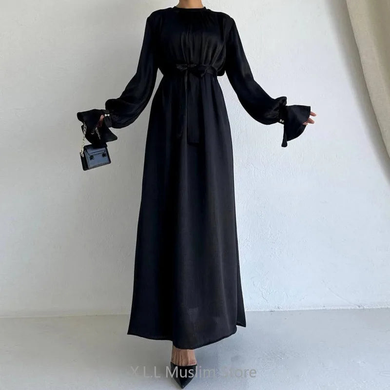 Elegant Satin Muslim Maxi Dress For Women With Belt