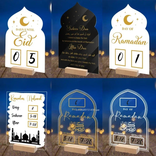 Reusable Acrylic Ramadan Calendar Board Wooden Base Table Ornament with Pen