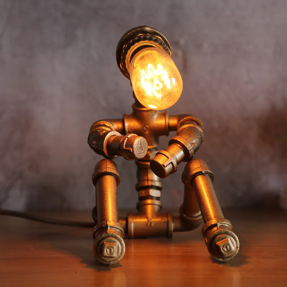 American Retro Water Pipe Lamp Punk Robot Decorative Table Lamp