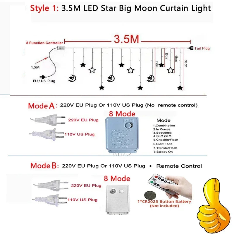 Star Moon Led Curtain Garland String Light EID Mubarak Ramadan Decoration