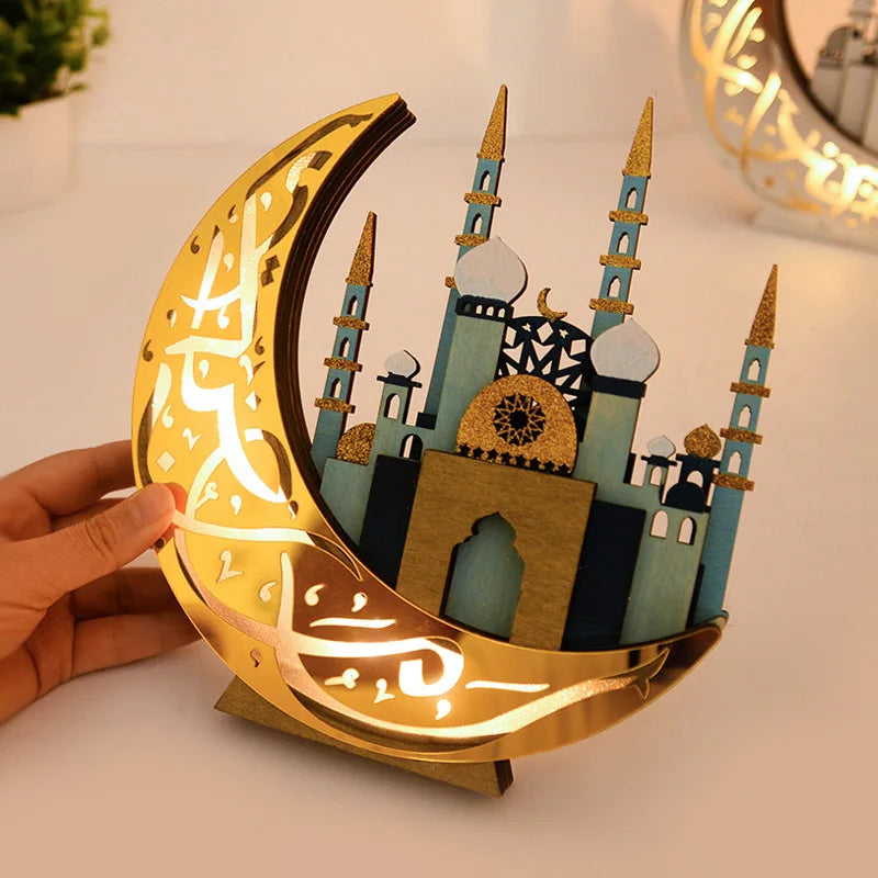 EID Mubarak LED Light Wooden Moon Mosque Table Ornaments