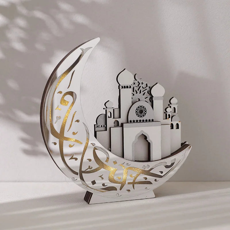 EID Mubarak LED Light Wooden Moon Mosque Table Ornaments